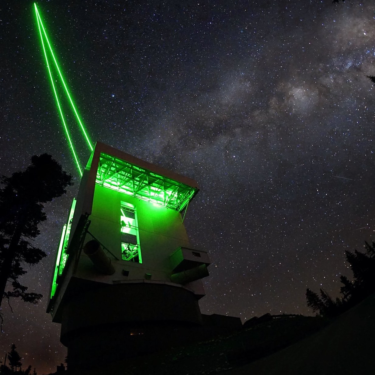 Large Binocular Telescope with the green ARGOS laser guide star system active.