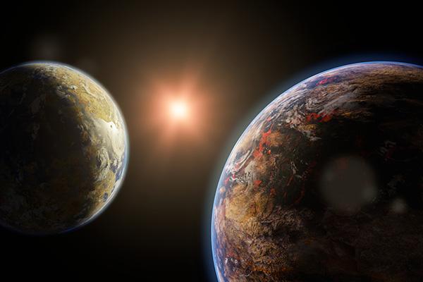 Artists rendering of two exoplanets around a red star